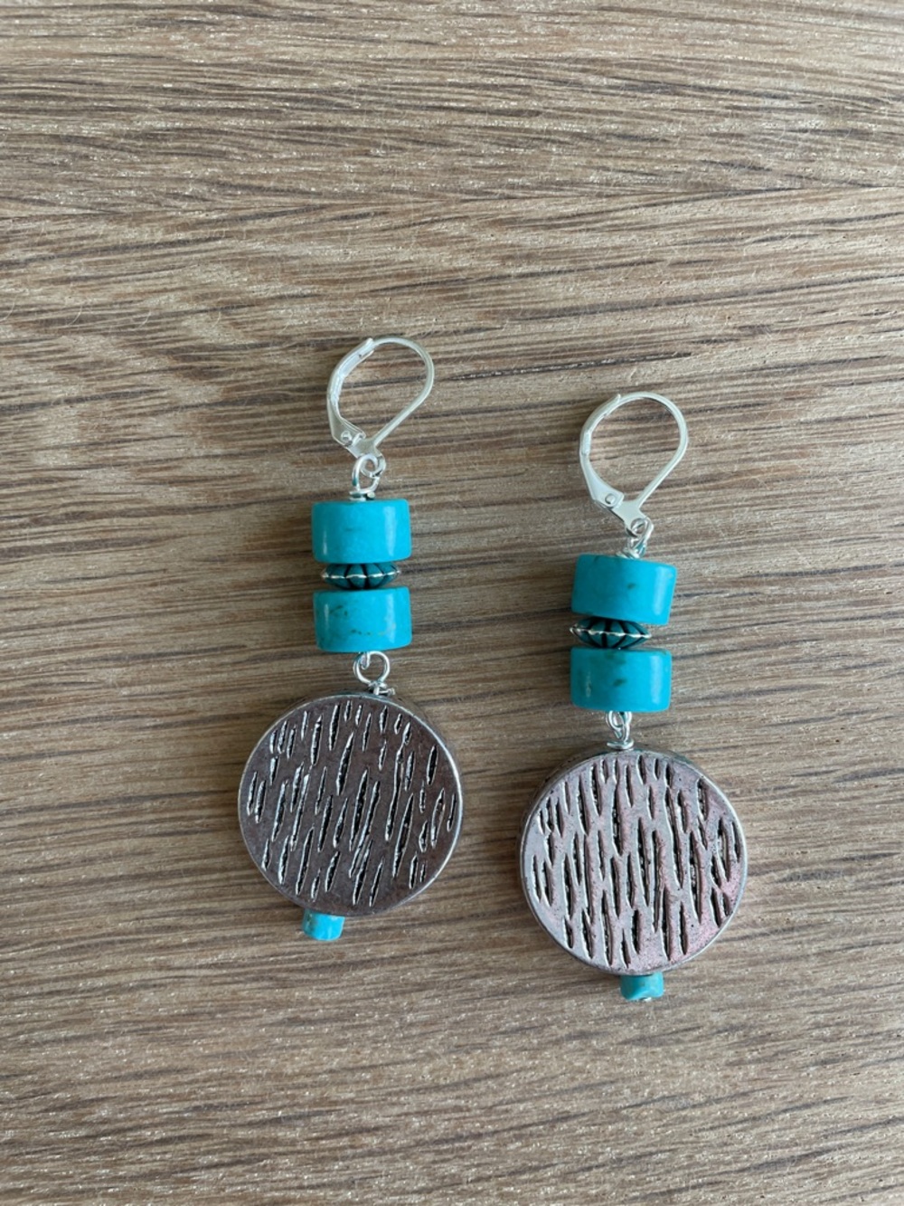 HAND CRAFTED TURQUOISE & SILVER COIN BEAD EARRINGS Southwestern Boho Dangles - Picture 6 of 12